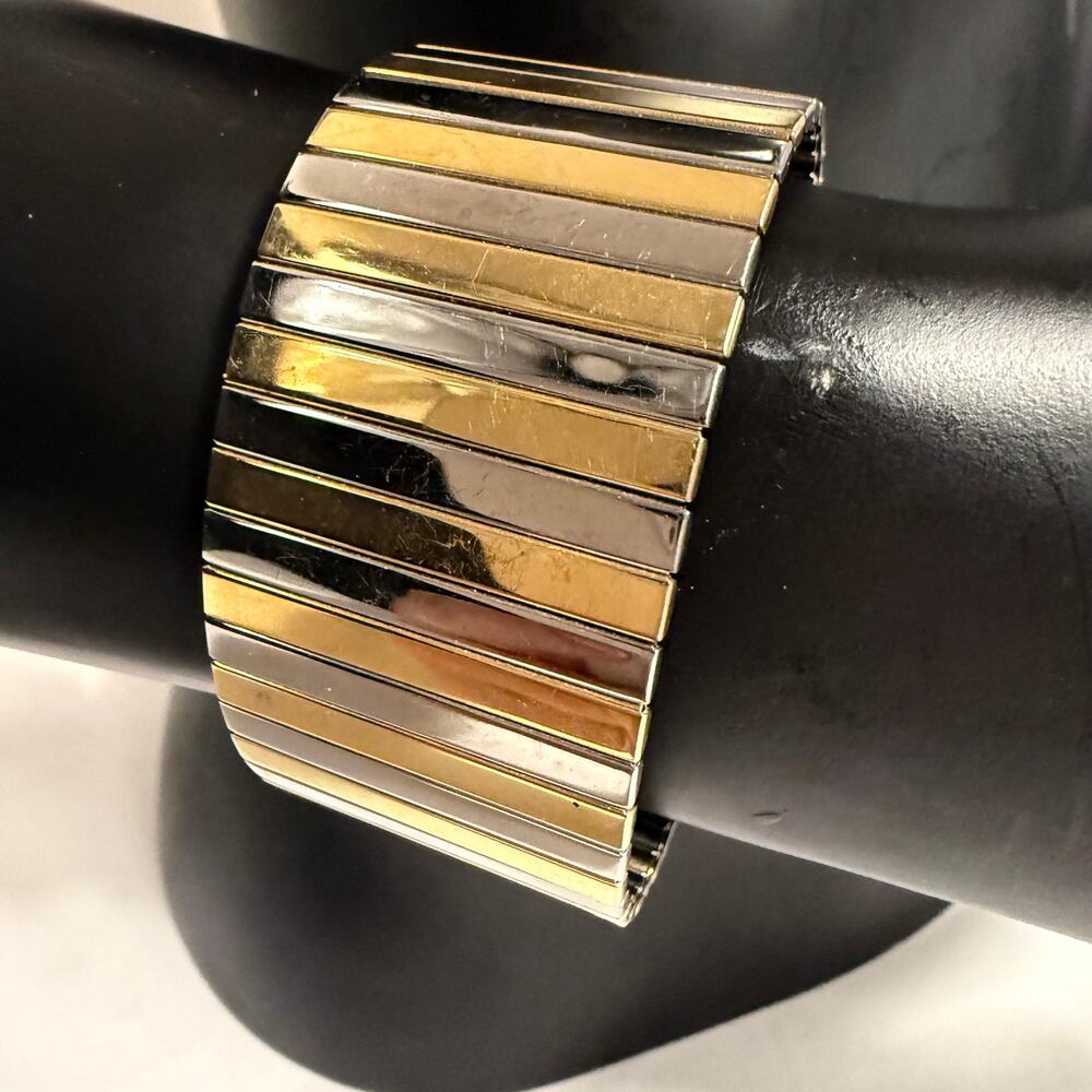 Gold & Silver Tone Wide Stretch Bracelet Geometric Bar Statement Jewelry
